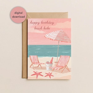 Tarjeta imprimible de cumpleaños para una chica playera de verano en color rosa / Tarjeta de cumpleaños rosa para una chica playera de playa costera, 5x7", descarga digital