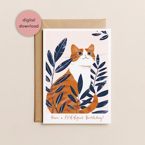 Carte d'anniversaire imprimable chat tigré orange | Carte d'anniversaire boho botanique chat gingembre pour les amoureux des chats 5 x 7" téléchargement numérique