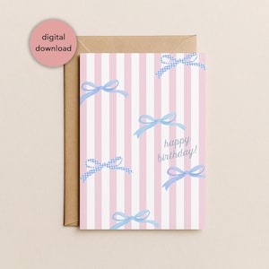 imprimable bleu coquette noeud joyeux anniversaire | Carte d'anniversaire coquette coquette girly bleu tendance noeud pour elle 5 x 7" téléchargement numérique