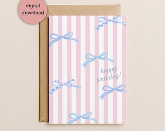 Blue Bow Happy Birthday Card 5x7": Girly Coquette Birthday Wishes for Her (Digital Download)
