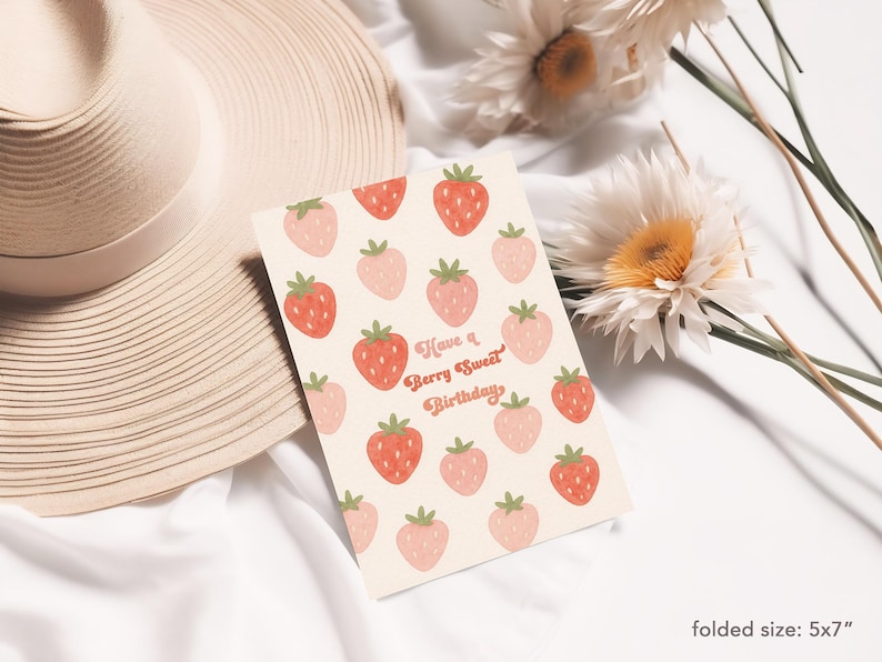 Printable Strawberries Have a Berry Sweet Birthday Card | Cute Berry Sweet Birthday Wishes Card for Strawberry Lovers 5x7" Digital Download