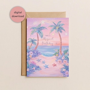 Carte d'anniversaire magique imprimable palmiers de plage | Carte d'anniversaire ciel étoilé rose violet Summer Beach pour elle 5 x 7" téléchargement numérique