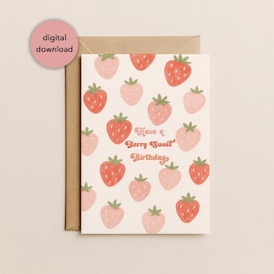Biglietto di auguri di compleanno dolce con fragole stampabile / Biglietto di auguri di compleanno dolce con fragole per gli amanti delle fragole 5x7" download digitale