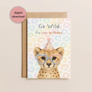 Tarjeta de cumpleaños imprimible con estampado de leopardo arcoíris y guepardo salvaje (12,7 x 18,8 cm), descarga digital
