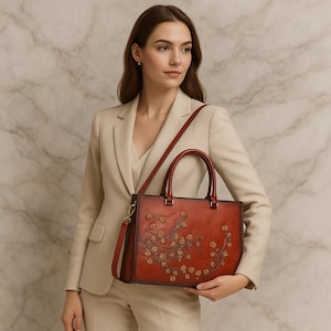 Handgefertigte Retro Schultertasche aus Spaltleder | Elegante Damen Handtasche mit Blumenprägung für den täglichen Gebrauch | Ideales Geschenk für Er
