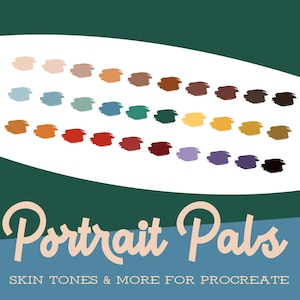May include: A collection of brushstroke swatches in various skin tones and colors. The image features a palette of shades ranging from light beige to deep brown, along with blues, greens, reds, and purples. The text "Portrait Pals" and "Skin Tones & More for Procreate" are displayed.