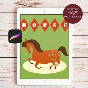 May include: A digital illustration of a brown horse with a dark brown mane and tail, set against a green background. The word "HORSE" is displayed above the horse in red diamond shapes. The image is on a tablet with the Procreate app icon.