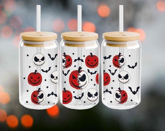 Vaso de café de acrílico o vidrio de 16 oz con tapa y pajita, diseño de Halloween.