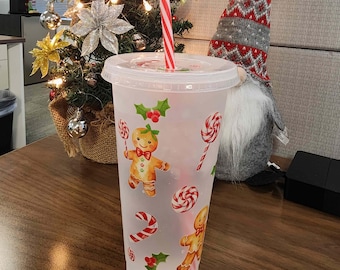 Christmas Gingerbread Man Tumbler with Lid & Straw: Reusable Iced Coffee Cup