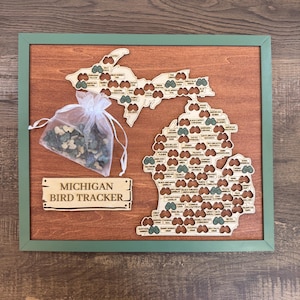 May include: Wooden Michigan Bird Tracker framed in green. The artwork features the state's outline with bird icons and labels. A small bag of bird-shaped tokens is included. The text "MICHIGAN BIRD TRACKER" is displayed.