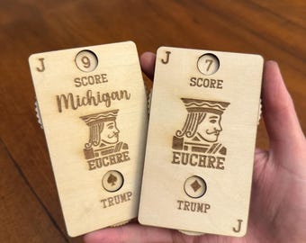 Wooden euchre scorekeeper set, Adjustable Michigan euchre score card, euchre game night gifts, euchre trump and score counter, card games