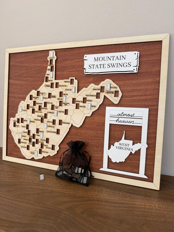 West Virginia Almost Heaven Swings Map, WV Almost Heaven Swing Bucket List Map, Engraved wooden West Virginia travel checklist map