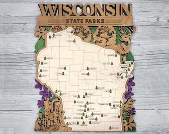 Wisconsin State Park Map, Personalized Wisconsin Travel Tracker, Wooden Maps, Wisconsin Home Decor, Interactive Maps for travelers