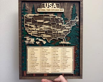 Personalized national park travel tracker map, wooden usa national park checklist, united states map, customized gift for travelers