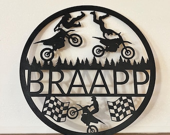 Personalized Motocross Wall Art, Wooded Round Dirtbike Sign, Gifts for Him, Garage Decor, Boys Room Decor, Motocross Riders and Racing Flags