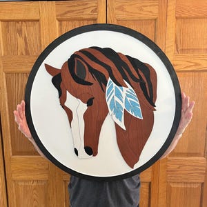 Mosiac Horse Head, Horse Head Wall Hanging, Horse Wall Art, Farmhouse Decor, Feather Art, 3D Horse Cutout, Rustic Wooden Horse Gifts for her