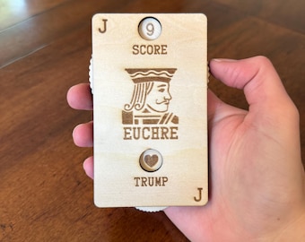 Wooden euchre scorekeeper set, adjustable euchre score card, euchre game night gifts, euchre trump and score counter, card game accessories