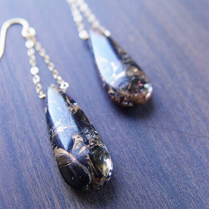 Black Obsidian Teardrop Earrings: 14k Gold Fill Chain Dangle, Steampunk Gothic Jewelry