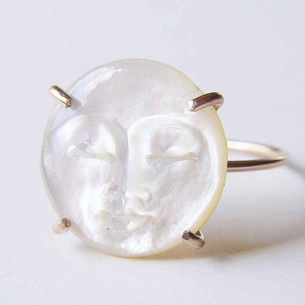 Pearl Moon Face Gold Ring. MAN In The MOON Pearl Ring