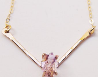Vera Cruz Amethyst Herkimer Gold Filled Necklace: Raw Crystal Triangle Pendant - Boho Wedding Jewelry