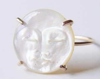 Pearl Moon Face Gold Ring. MAN In The MOON Pearl Ring