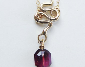 Pink Tourmaline Snake Gold Necklace. Tourmaline Serpent 14k Gold necklace.
