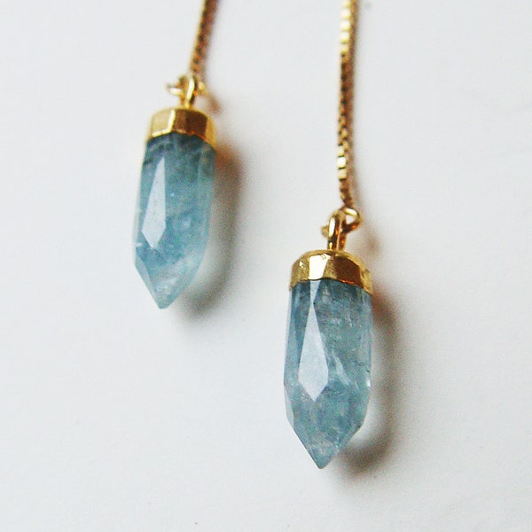 Aquamarine 14k Gold Chain Earrings. Aquamarine Threader Pull Through Earrings