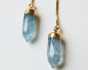 Aquamarine 14k Gold Chain Earrings. Aquamarine Threader Pull Through Earrings