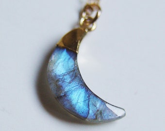 Labradorite Gold Moon Necklace. Crescent Labradorite Charm Necklace