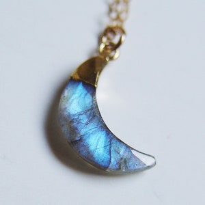 Labradorite Gold Moon Necklace. Crescent Labradorite Charm Necklace