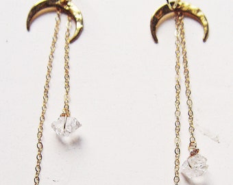 Shooting Star Herkimer Diamond Earrings. Crescent Moon Gold Chain Earrings