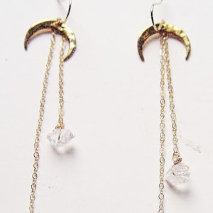 Shooting Star Herkimer Diamond Gold Filled Dangle Earrings: Crescent Moon Celestial Jewelry  – Boho Bride