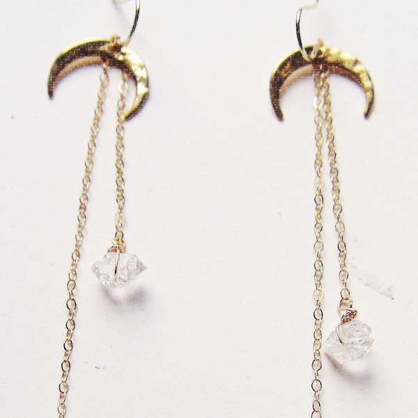 Shooting Star Herkimer Diamond Earrings. Crescent Moon Gold Chain Earrings