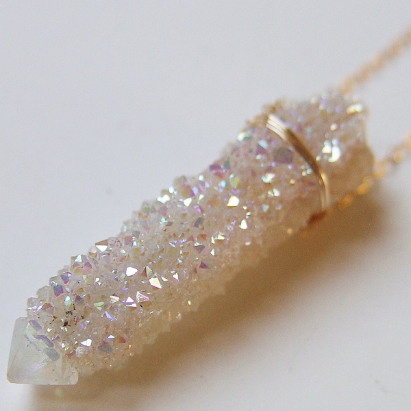 Angel Aura Crystal Statement Necklace: 14K Gold Filled, Raw Rainbow Quartz Boho Bride Jewelry