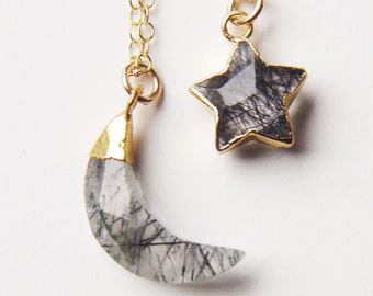 Rutile Quartz Star Necklace, Crescent Moon Quartz Gold Necklace