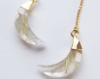 Rutilated Quartz Moon Gold Earrings. Gold Rutile Crescent Moon Earrings