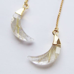 Rutilated Quartz Moon Gold Earrings. Gold Rutile Crescent Moon Earrings image 1