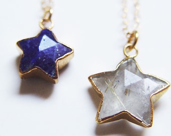 Rutilate Quartz Star Necklace. Lapis Star Gold Necklace