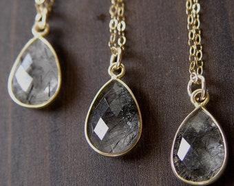 Black Rutilated Quartz Teardrop Gold Necklace