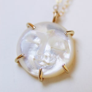 Pearl Moon Face Gold Necklace. MAN In The MOON Pearl Necklace