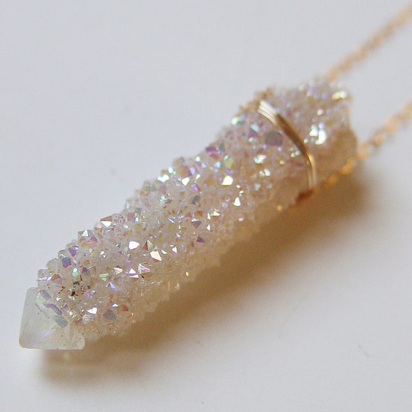 Angel Aura Crystal Gold Necklace. Spirit Quartz Statement Necklace, Angel Aura Quartz 14k Gold Necklace, Raw Crystal Necklace