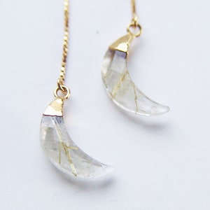 Rutilated Quartz Moon Gold Earrings. Gold Rutile Crescent Moon Earrings image 5