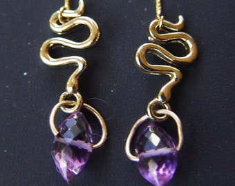 Amethyst Snake 14k Gold Earrings. Amethyst Serpent Chain Earrings.