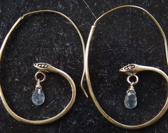 Aquamarine Snake 14k Gold Hoop Earrings. Moss Aquamarine Oval Serpent Earrings.