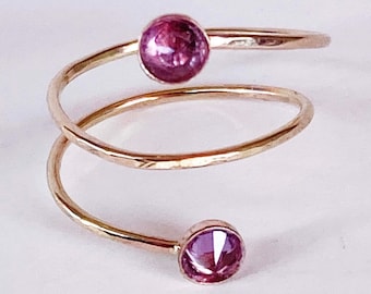 Pink Tourmaline Double spiral ring - Pink Tourmaline Gold Wrap Ring