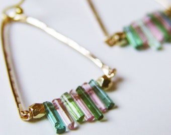 Watermelon Tourmaline Gold Earrings. Multi Tourmaline Triangle Earrings, Raw Tourmaline 14k Gold Earrings