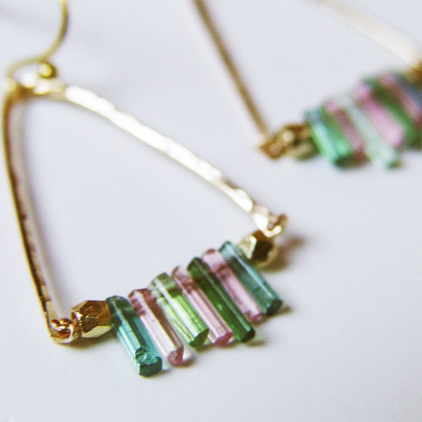 Watermelon Tourmaline Gold Earrings. Multi Tourmaline Triangle Earrings, Raw Tourmaline 14k Gold Earrings