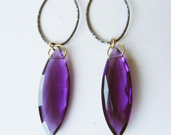 Amethyst 14k Gold Marquise Earrings - Mixed Metal Diamond Amethyst Earrings - Mothers Day Jewelry Gift - Purple Amethyst Statement Earrings