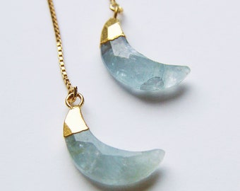 Aquamarine Moon Threader Earrings. Aquamarine Crescent Moon Gold Earrings