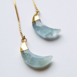 Aquamarine Moon Threader Earrings. Aquamarine Crescent Moon Gold Earrings